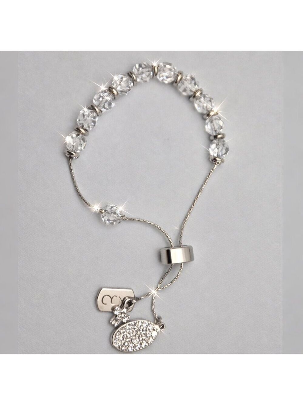 Adjustable Bolo Style Bracelet Clear Faceted Crystal Beads Silver Tone Charms